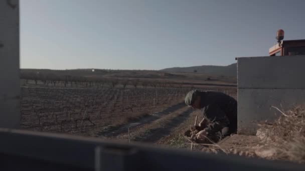 Hasır Sepetli Yaşlı Bir Erkek Çiftçi Taşrada Kırsal Alanda Yük — Stok video