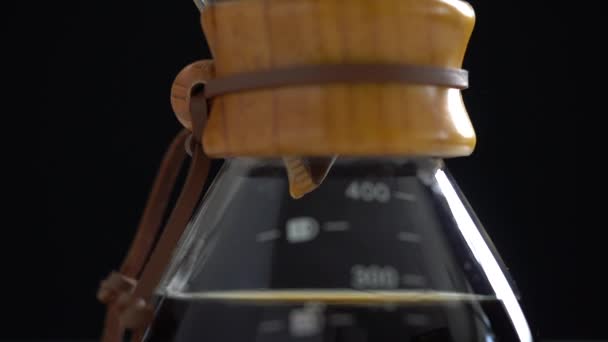 Hot Steamy Brewed Coffee Dripping Paper Filter Glass Pot Placed — Stock Video