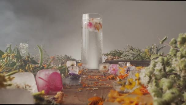 Стіл Вкритий Свіжими Їстівними Квітами Приготування Холодного Напою Кубиках Квітів — стокове відео
