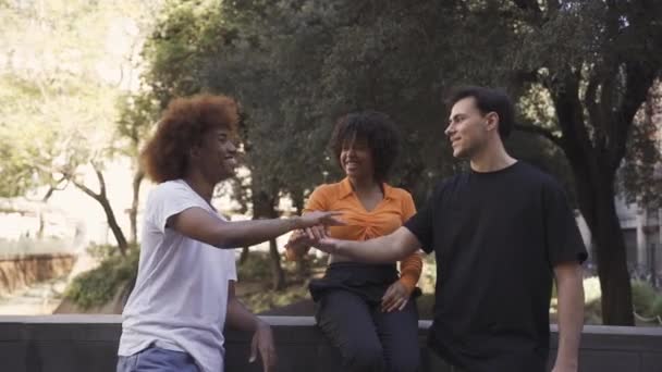 Amigos Masculinos Multirraciales Positivos Pie Mientras Saludan Con Puño Golpe — Vídeo de stock