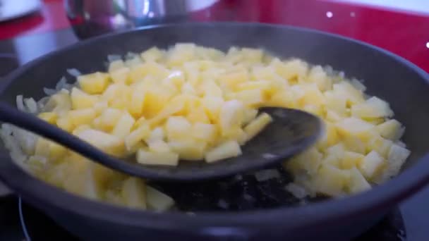 Slow Motion Skimmer Moving Fried Onion Potatoes Burn Frying Pan — Stock Video