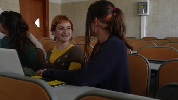 テーブルに座って大学の教室で話し合う若いクラスメイト — ストック動画
