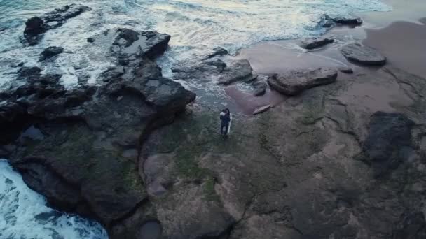 Pan Drone View Romantic Newlywed Couple Embracing Dancing Rocky Shore — Stock Video