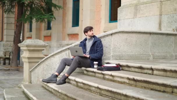 Young Man Laptop Smartphone Street — Stock Video