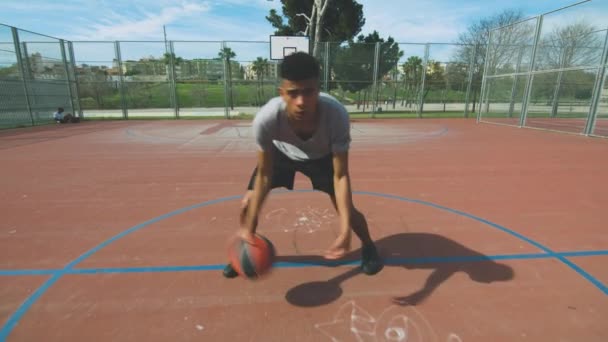 Afrika Kökenli Amerikalı Sporcunun Top Sürmeye Başlaması Basketbol Sahasındaki Antrenman — Stok video
