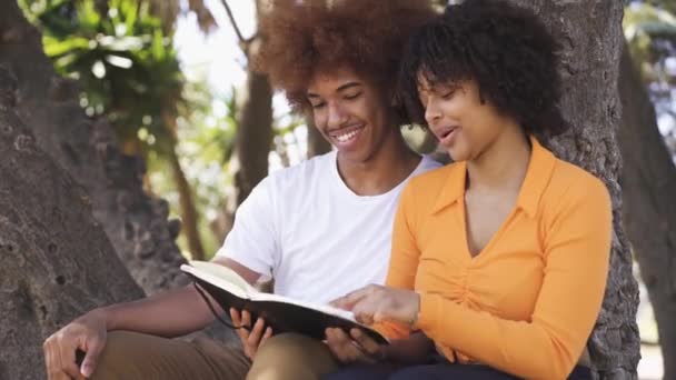 Щасливий Молодий Афроамериканський Чоловік Жінка Повсякденному Одязі Сидячи Дивлячись Книгу — стокове відео
