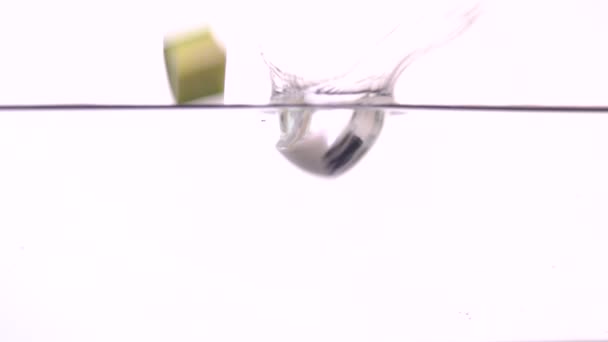 Closeup Slow Motion Fresh Selection Vegetables Slices Falling Transparent Water — Stock video