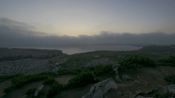 Статический Снимок Облаков Тумана Плывущих Над Скалистой Скалой Покрытой Зеленой — стоковое видео