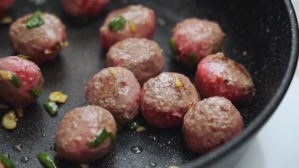 Crop Anonymous Person Turning Meatballs Frying Electric Cooker Cooking Counter — Stock Video