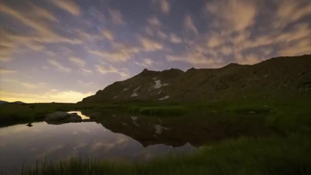 Time Lapse Some Clouds Starry Sky Background Some Mountains Lake — Stock Video