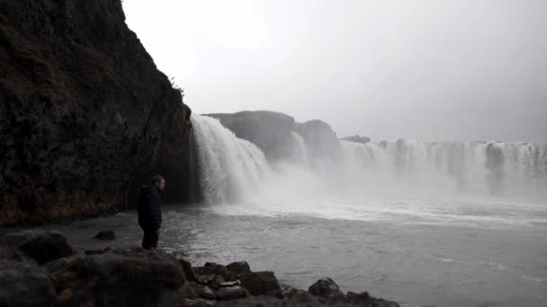 Full Body Male Tourist Standing Boulder Powerful Dettifoss Cascade Iceland — Stock Video