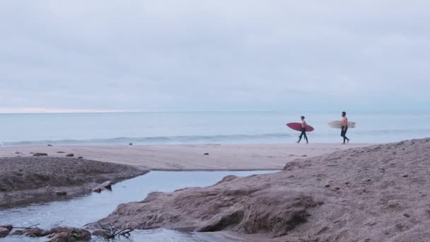 サーフボードや裸のトルソと遠く離れた海を振るう近くの濡れた砂浜沿岸を歩いている遠い男性の友人 — ストック動画