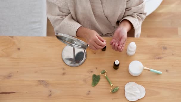 Crop Female Bathrobe Dripping Serum Hand While Sitting Table Skincare — Stock Video
