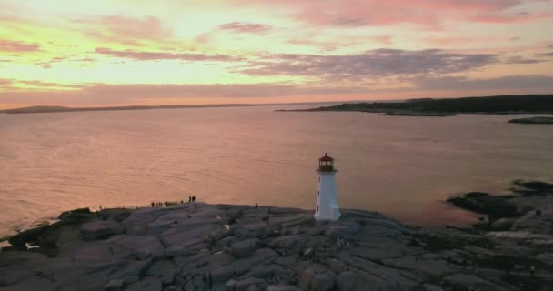 Drone View Rocky Coast Peggys Cove Lighthouse Located Rippling Sea — Stock Video