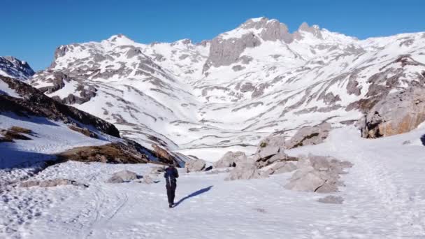 Bakåt Från Oigenkännlig Kvinna Promenader Snöig Sluttning Picos Europa Berg — Stockvideo