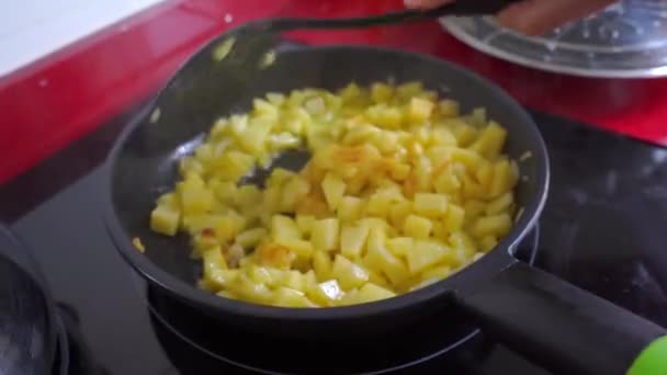 Zbliżenie Odpieniacza Przesuwającego Smażoną Cebulę Ziemniaki Aby Nie Spaliły Się — Wideo stockowe