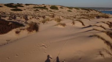 From above drone view of unrecognizable romantic bride and groom in wedding clothes holding hands and strolling on sandy dunes at seaside