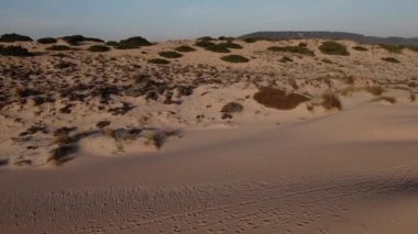 Yeni evli çiftin çıplak ayaklarıyla, gün batımında deniz kenarında kumulların arasında dans ederken nazikçe kucaklaşıp, sarmaş dolaş.