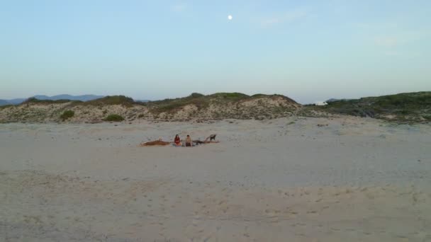 サルデーニャに位置する青い海の波に近い月と山で青空に手を振って犬と女性と一緒にビーチに座っている男のリアルタイム空中ズーム — ストック動画