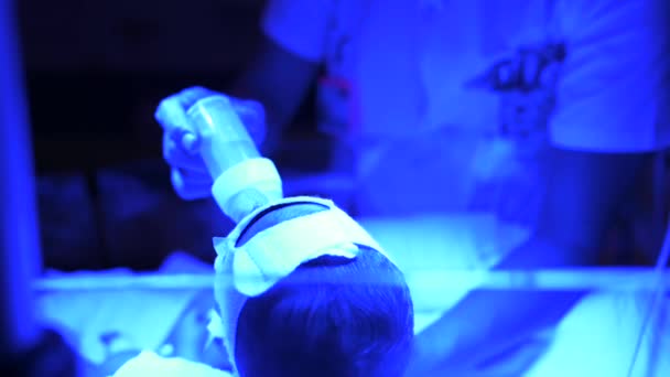 Orvosi Dolgozó Etetés Koraszülött Csecsemő Csövek Csatlakoztatott Modern Inkubátor Miközben — Stock videók