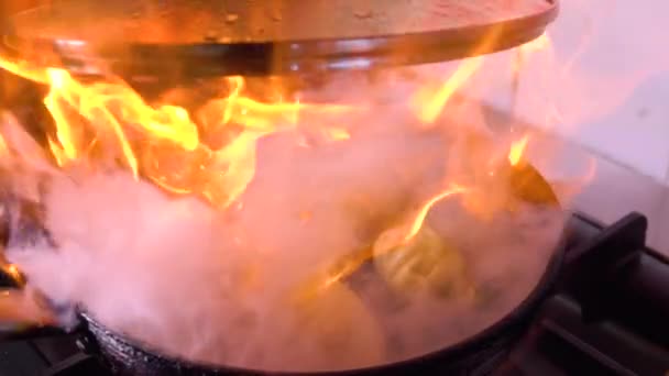 Zbliżenie Powolny Ruch Przygotowywania Gyozas Przezroczystym Garnku Płomieniem Kuchni Restauracji — Wideo stockowe
