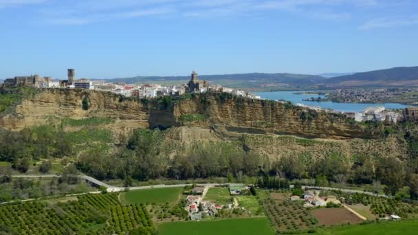 パンは スペインのアンダルシアの昼間に曇った青空に対してアルコス フロンテラの町と崖の近くに位置する緑の農場のドローンビューを残しました — ストック動画