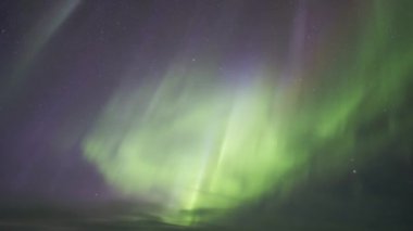 Yeşil kuzey ışıklarının muhteşem manzarasının altından Kışın karanlık yıldızlı gökyüzünü aydınlatan