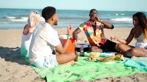 Zróżnicowani Mężczyźni Kobiety Jedzą Owoce Piją Piwo Siedząc Kocu Rozmawiając — Wideo stockowe