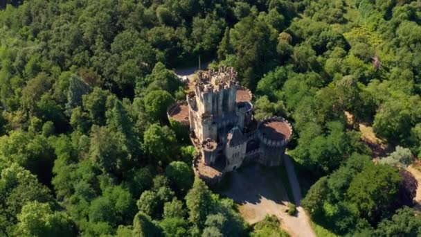 Aerial View Aged Stone Building Surrounded Lush Green Woods Narrow — Stock Video