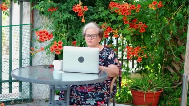 カジュアルな衣装と眼鏡に凝縮された高齢女性がテーブルに椅子に座り 日光浴で庭に花を咲かせたソーサーと緑の植物のカップの近くのネットブックでサーフィンしています — ストック動画