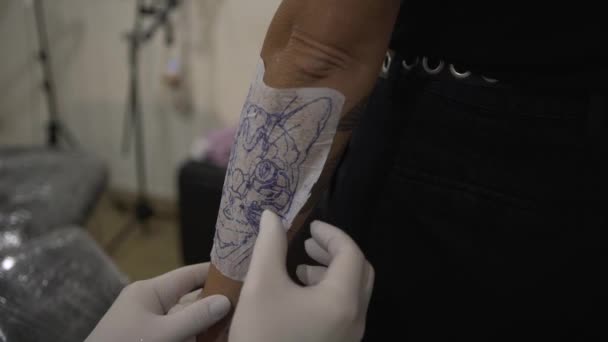 工作室里的纹身艺术家在年轻女子的前臂上做纹身 — 图库视频影像