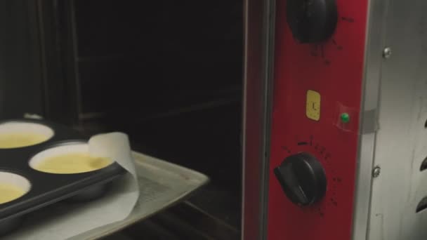 作物匿名糕点厨师将面团松饼盘放入工业用烤箱 同时在专业厨房准备甜点 — 图库视频影像
