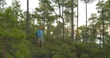 Sırt çantalı ve bastonlu yetişkin bir adamın gündüz vakti yeşil ağaçlıklarda yürüyüş yaparken fotoğrafını çekiyorum.