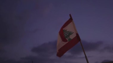 Lübnan bayrağının altında rüzgarlı bir akşamda bulutlu gökyüzüne doğru sallanan bir sopayla