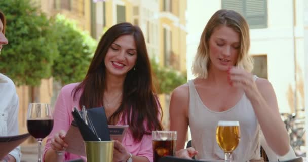 Group Trendy Beautiful Adult Females Laughing Out Loud While Sharing — Stock Video