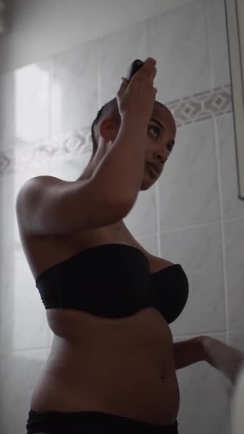 Side View Focused African American Female Lingerie Standing Bathroom Using — Stock Video