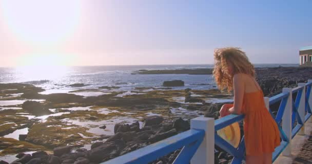 日落时穿着红色衣服在海滩上的年轻女子 — 图库视频影像