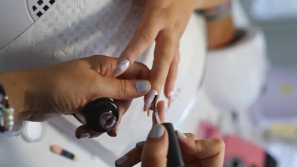 Alto Ângulo Colheita Manicure Feminina Avental Aplicando Polonês Unhas Cliente — Vídeo de Stock