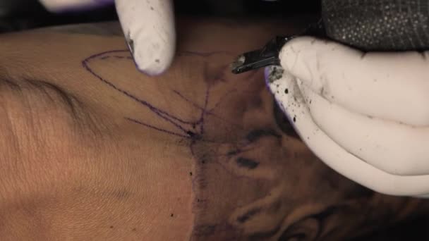 Tatuatore Che Tatuaggio Sull Avambraccio Una Giovane Donna Studio — Video Stock