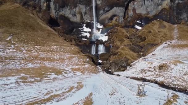 冰岛人在寒冷的冬日从白雪的悬崖上掉下来的干净的瀑布 — 图库视频影像