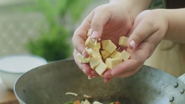 Slow Motion Crop Female Pouring Handful Tofu Cheese Cubes Frying — Stock Video