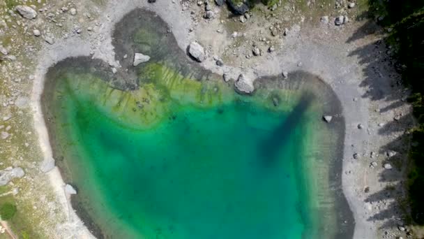Vista Aérea Del Lago Turquesa Karersee Rodeado Exuberantes Árboles Verdes — Vídeo de stock