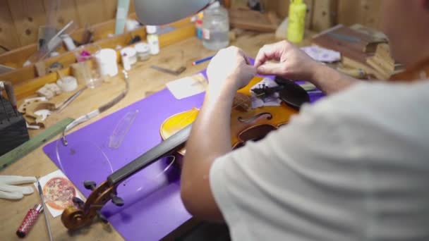 Crop Male Artisan Master Setting Violin Bow Restoration Work Workshop — Vídeo de Stock