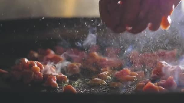 Slow Motion Chef Placing Pieces Raw Meat Hot Pan Sizzling — Stock Video