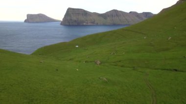 Faroe Adaları 'ndaki bulutlu mavi gökyüzüne karşı yeşil yosunlarla kaplı engebeli uçurum manzarası.