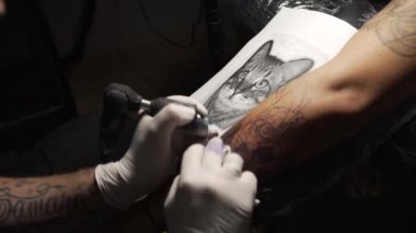 Stüdyoda genç bir kadının koluna dövme yapan dövme sanatçısı.