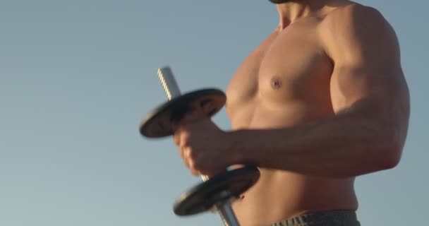Anonymous Male Athlete Naked Torso Doing Exercises Dumbbells While Standing — Stock Video