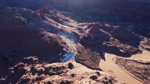 Spectacular Drone View Sandy Terrain Rocky Formations Snow Slopes Sunny — Stock Video