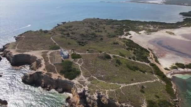 Drone Widok Dom Położony Szorstkim Wybrzeżu Zielonymi Roślinami Pobliżu Falujące — Wideo stockowe
