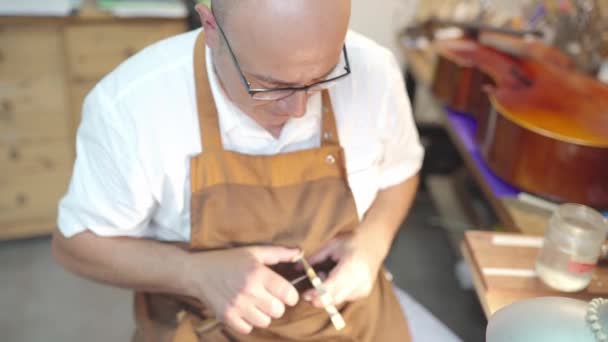 Male Master Craftsman Using Professional Tool Working Violin Bridge While — Stok Video